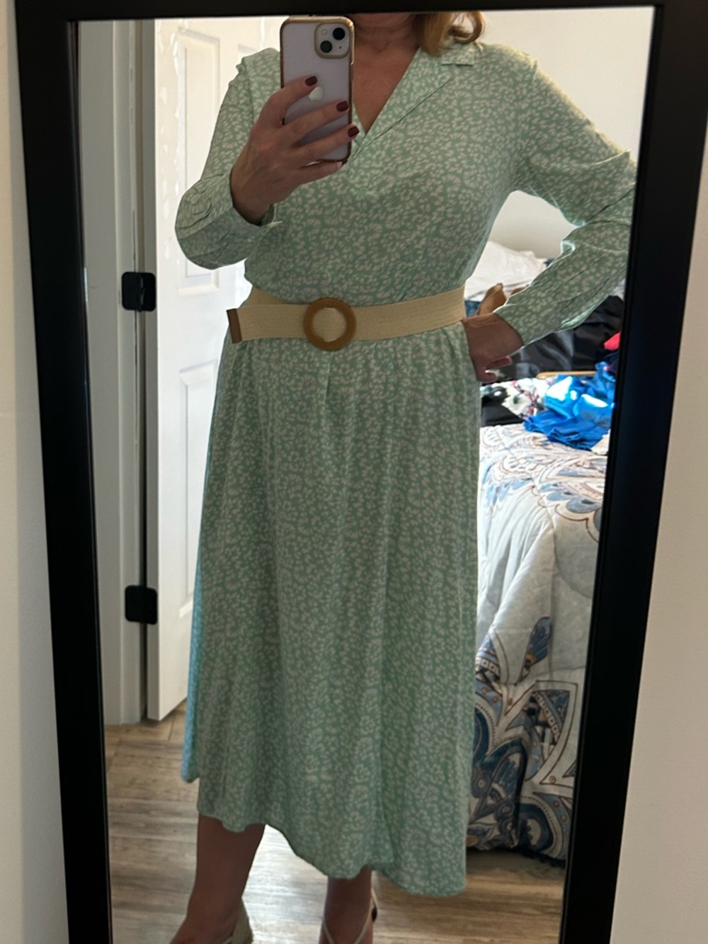 Joe Fresh Mint Green Printed Long Sleeve Midi Dress